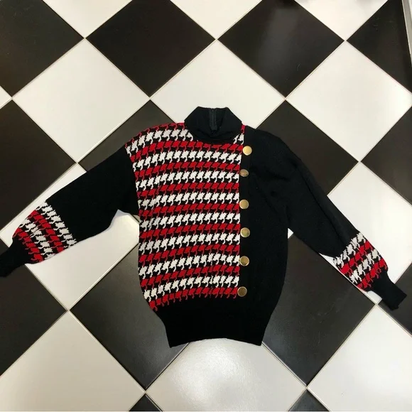 Vintage 80s Lillie Rubin Turtleneck Sweater Houndstooth Black Red Gold Buttons S